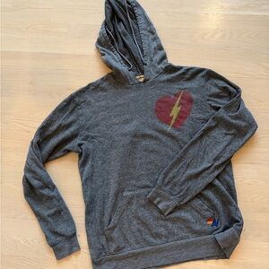 Aviator Nation Gray Hoodie with Red Heart & Gold Lightning